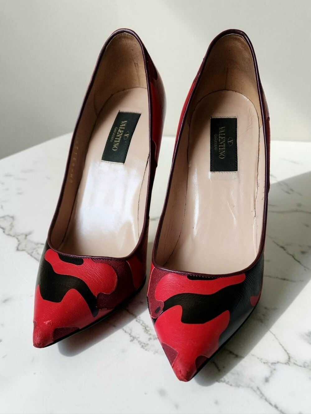 Valentino Rockstud Red & Black Camoflauge Leather Pumps Size 37.5